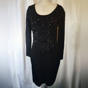 Liz Claiborne Wool Sweater Dress, Black, Long Sleeve, Beaded, Round Neck, S